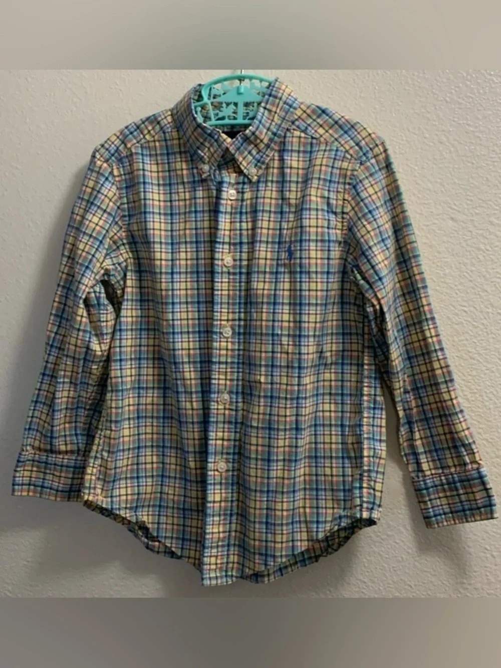 Ralph Lauren Plaid Button Down Easter Shirt Blue Yellow Orange Size 4/4T Cotton